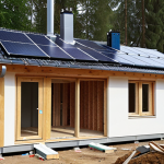 **

A modern German house under construction, showcasing a mix of sustainable building materials. Depict wood framing from sustainably managed forests alongside recycled plastic components. Include workers installing hemp insulation. The scene should be bright and emphasize eco-friendliness, reflecting the "Blauer Engel" certification. Focus on clean, modern architecture with solar panels integrated into the roof.

**