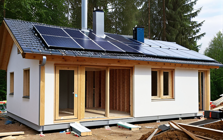 **
A modern German house under construction, showcasing a mix of sustainable building materials. Depict wood framing from sustainably managed forests alongside recycled plastic components. Include workers installing hemp insulation. The scene should be bright and emphasize eco-friendliness, reflecting the "Blauer Engel" certification. Focus on clean, modern architecture with solar panels integrated into the roof.
**