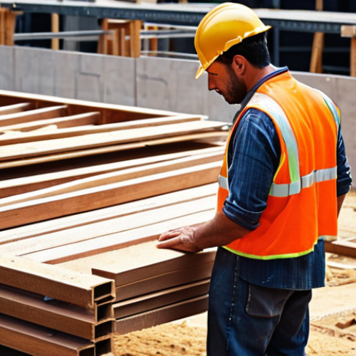 ** A construction site with a focus on material costs. Emphasize rising prices for wood and steel, causing a builder to sweat with concern. The scene should convey the challenge of budgeting in the current market.

**