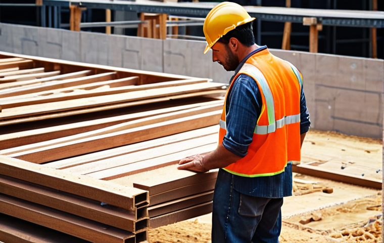 ** A construction site with a focus on material costs. Emphasize rising prices for wood and steel, causing a builder to sweat with concern. The scene should convey the challenge of budgeting in the current market.
**