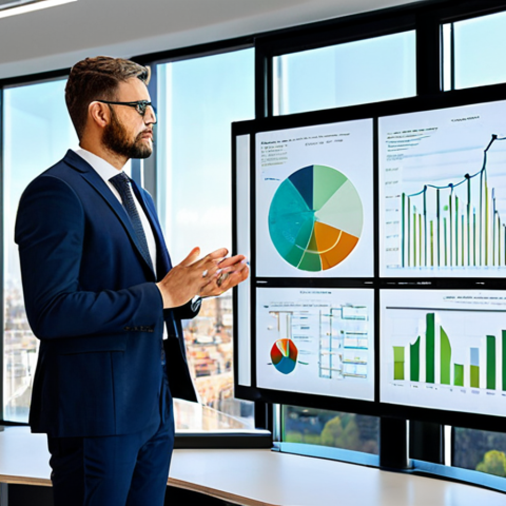 A professional male architect in a modest business suit, standing in a bright, modern office with large windows overlooking a city skyline. He is looking at a transparent digital display that shows intricate 3D models of sustainable building materials and a circular economy flow chart. The office features sleek, eco-friendly design elements. fully clothed, appropriate attire, safe for work, perfect anatomy, natural pose, professional dress, correct proportions, well-formed hands, high-quality photograph, professional, family-friendly.