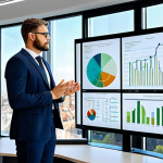 A professional male architect in a modest business suit, standing in a bright, modern office with large windows overlooking a city skyline. He is looking at a transparent digital display that shows intricate 3D models of sustainable building materials and a circular economy flow chart. The office features sleek, eco-friendly design elements. fully clothed, appropriate attire, safe for work, perfect anatomy, natural pose, professional dress, correct proportions, well-formed hands, high-quality photograph, professional, family-friendly.