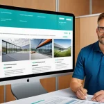 건축자재 마케팅에서의 고객 여정 지도 - **Prompt:** A dynamic scene depicting a modern, functional website for a German building materials c...