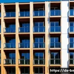 건축자재 마케팅과 건축 트렌드 연계 - A sleek, multi-story timber-frame residential building in a contemporary German urban setting, showc...