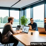 건축자재 마케팅 성공사례 - A modern construction materials company office setting in Germany, showcasing a diverse team of prof...