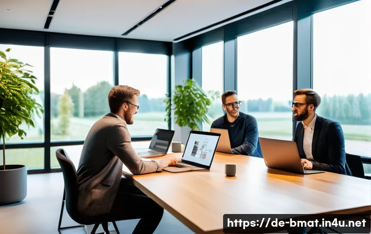 건축자재 마케팅 성공사례 - A modern construction materials company office setting in Germany, showcasing a diverse team of prof...