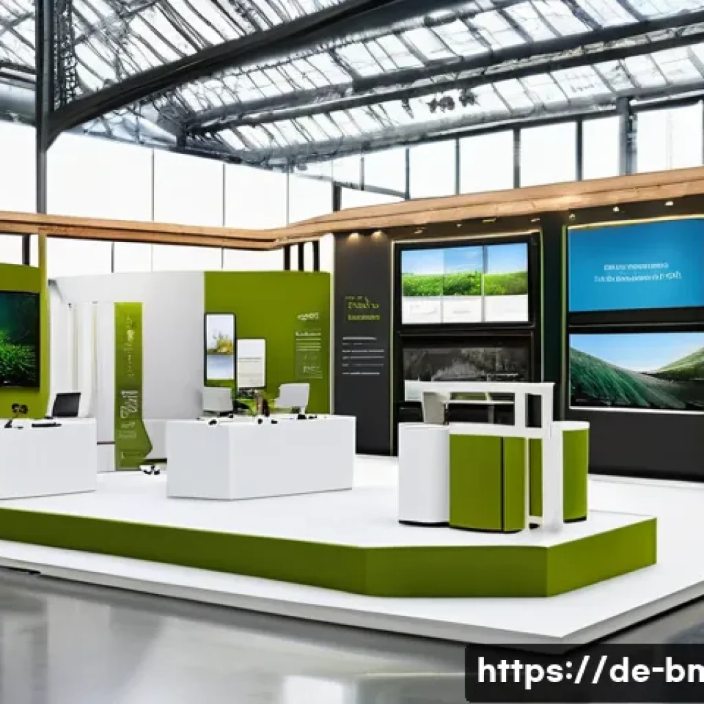 건축자재 박람회 참여 전략 - A modern construction trade fair booth designed with bright, natural materials emphasizing sustainab...