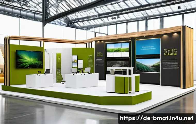 건축자재 박람회 참여 전략 - A modern construction trade fair booth designed with bright, natural materials emphasizing sustainab...