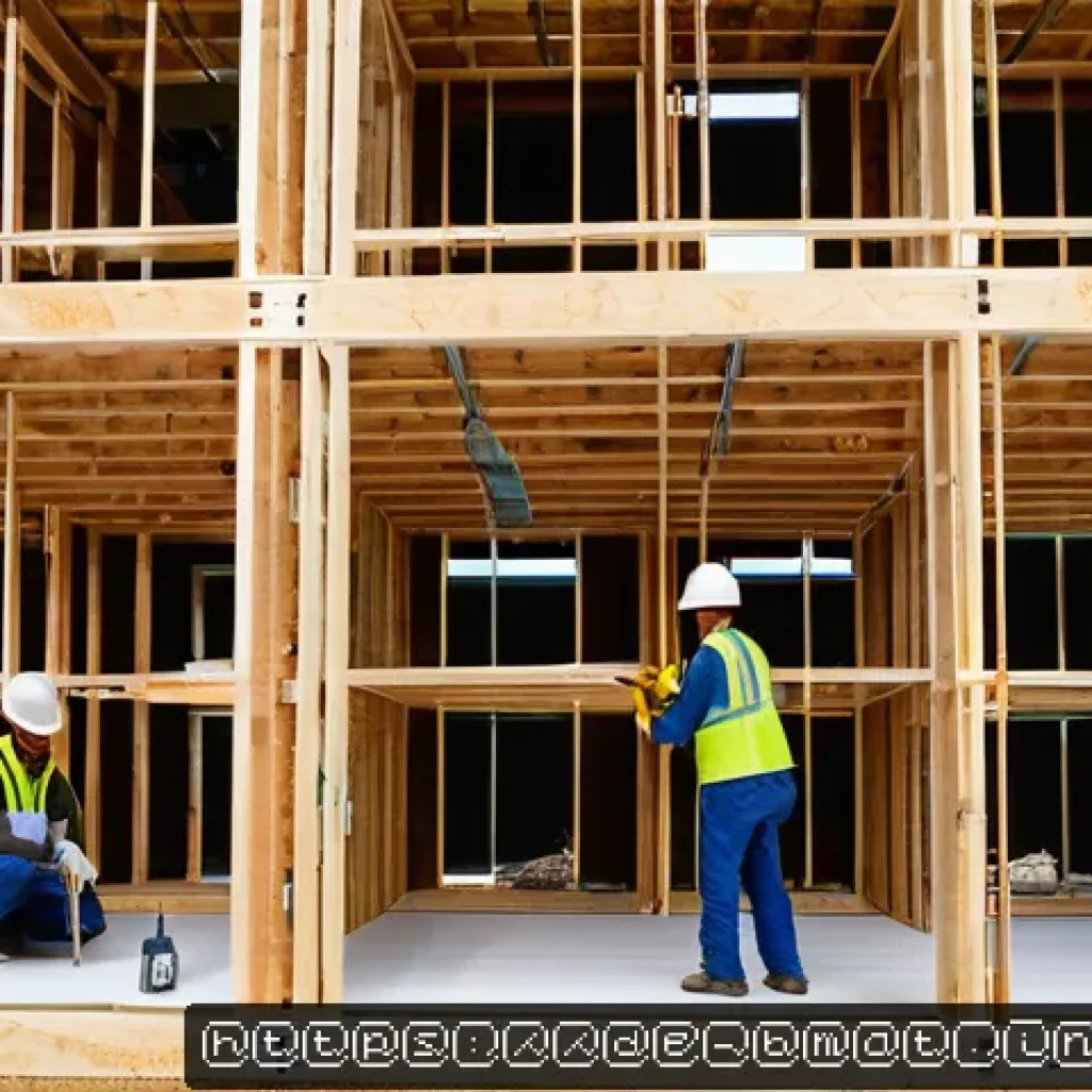 건축자재 마케팅 세미나 후기 - A modern eco-friendly construction site in Germany featuring workers installing wood-hemp insulation...