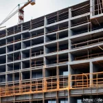 건축자재 마케팅에서 소셜미디어 활용법 - A professional construction site scene in Germany showcasing authentic building materials being used...