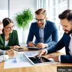 건축자재 마케팅 프로젝트 관리 - A modern German construction marketing office scene showing a diverse team of professionals collabor...