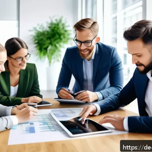 건축자재 마케팅 프로젝트 관리 - A modern German construction marketing office scene showing a diverse team of professionals collabor...