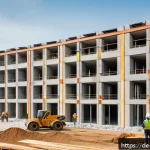 건축자재 마케팅과 브랜디드 콘텐츠 - A professional construction site scene in Germany showcasing sustainable building materials in use. ...