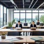 건축자재 광고 문구 작성법 - A modern architectural office scene in Germany, featuring diverse architects (male and female, mid-3...