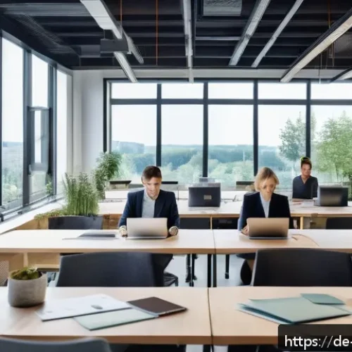 건축자재 광고 문구 작성법 - A modern architectural office scene in Germany, featuring diverse architects (male and female, mid-3...