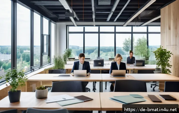 건축자재 광고 문구 작성법 - A modern architectural office scene in Germany, featuring diverse architects (male and female, mid-3...