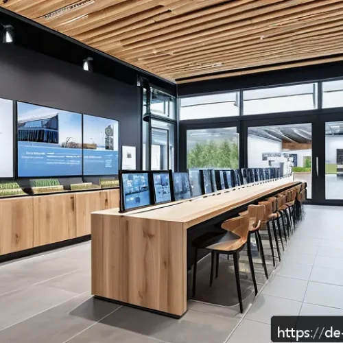 건축자재 마케팅에서 데이터 분석 활용 - A modern German construction materials showroom interior with diverse customer groups interacting, s...