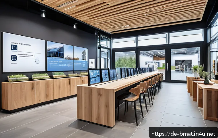 건축자재 마케팅에서 데이터 분석 활용 - A modern German construction materials showroom interior with diverse customer groups interacting, s...