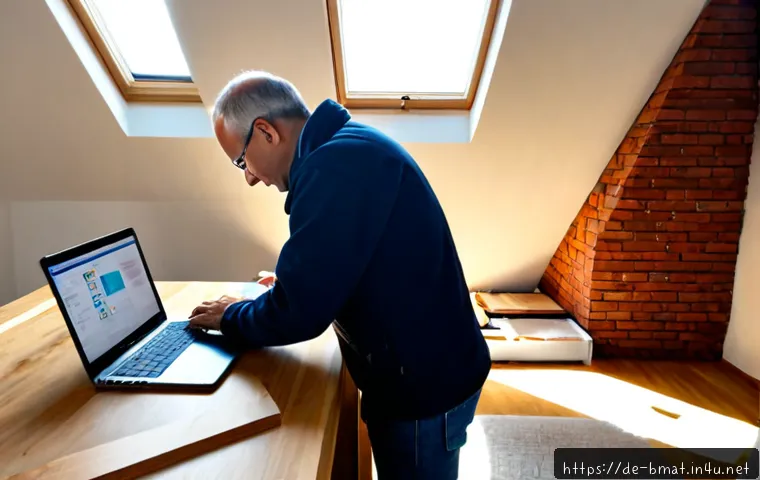 건축자재 블로그 운영 노하우 - Photorealistic German construction materials blogger working at a clean home-office desk, middle-age...